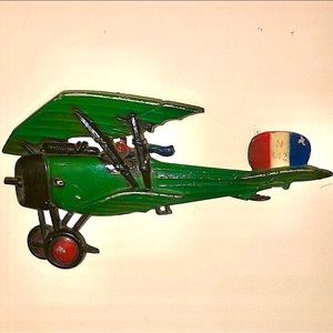 VINTAGE 1970’s Metal Airplane Wall Art Green Biplane with French Flag